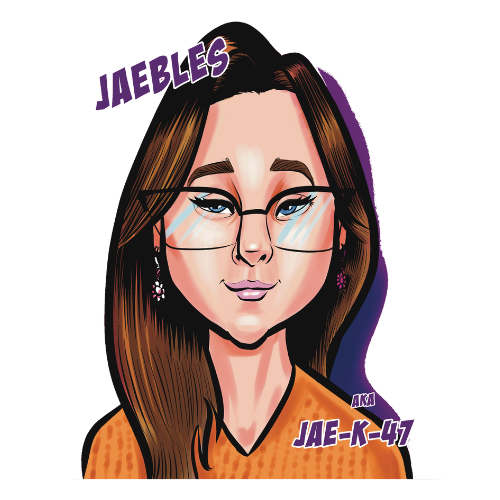 Digital illustration of a woman with long brown hair, wearing glasses, earrings, and an orange top, with stylized text 'JAEBLES' and 'AKA JAE-K-47' around her.