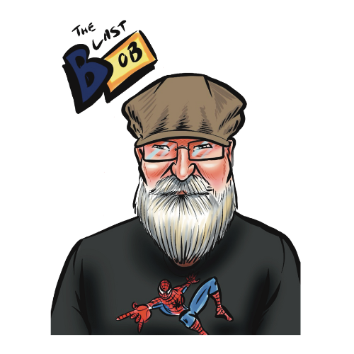 Cartoon of an elderly man with glasses and a white beard wearing a brown cap, a black shirt, and a Spider-Man graphic. There is a bobblehead with the word "BOB" floating above his head.