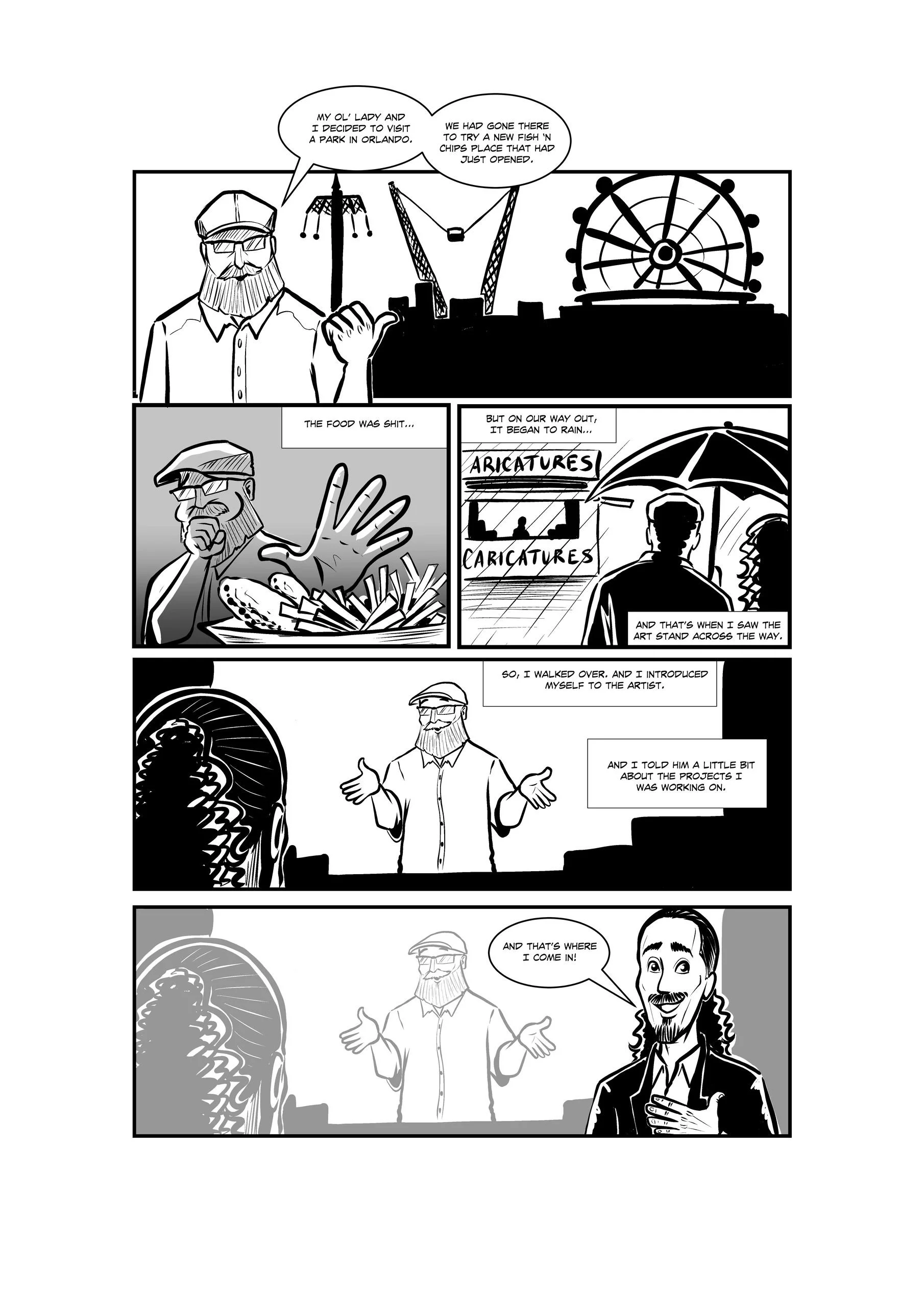 Black-and-white comic strip of a man in an amusement park, walking past caricature art booths and talking about meeting the artist and his project.