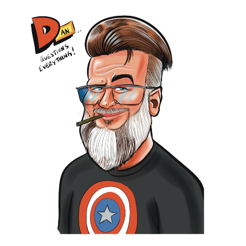 Cartoon man with glasses, a beard, and a pompadour hairstyle, wearing a Captain America t-shirt, holding a cigar, and smiling.
