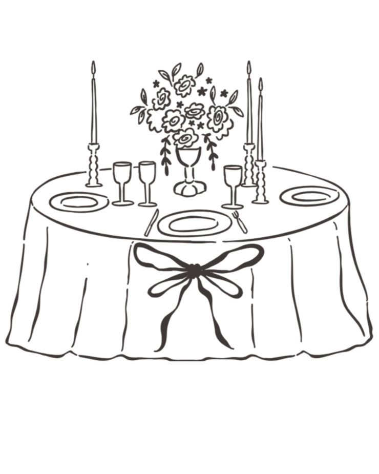 Outline of a round dining table with a tablecloth, floral centerpiece, two tall candles, and place settings with plates, utensils, and glasses. India and Canada Weddings