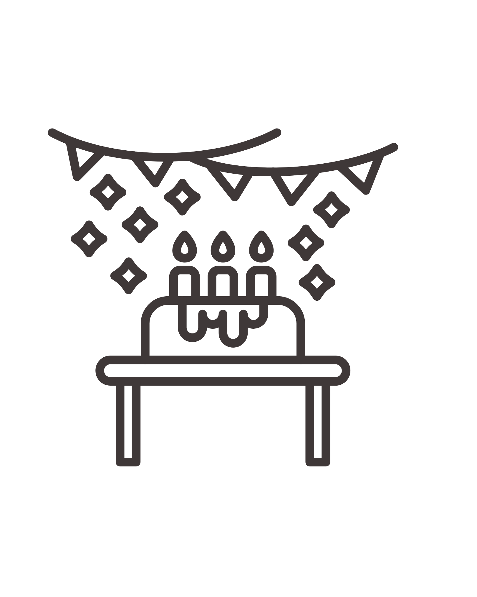 Birthday cake with three lit candles, decorated with bunting and surrounded by confetti. India and Canada. Social Events