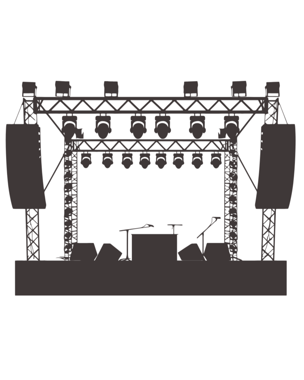 Silhouette of a stage with speakers, lighting, and musical instruments including drums, microphone stands, and monitors. India and Canada Corporate Events, MICE