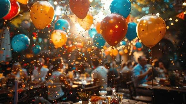 Colorful balloons and confetti floating in the air during a celebration at an outdoor venue with people dining.