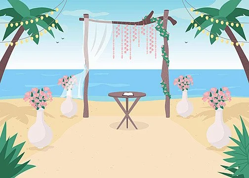Beachside wedding setup with a white canopy, pink flowers, and vases, overlooking the ocean with palm trees and string lights.