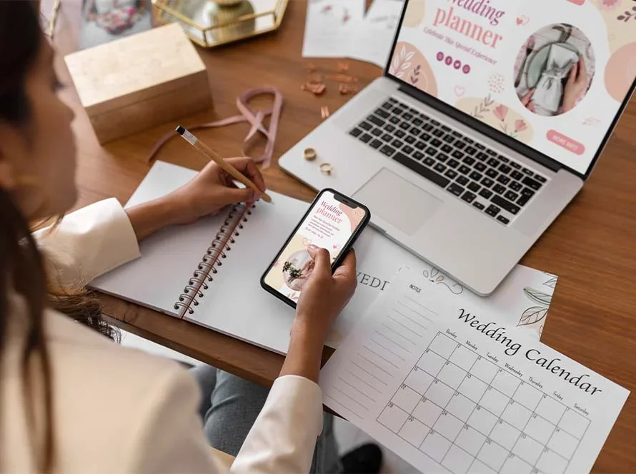 Wedding planner in Canada coordinating with an India-based team via a professional digital dashboard.