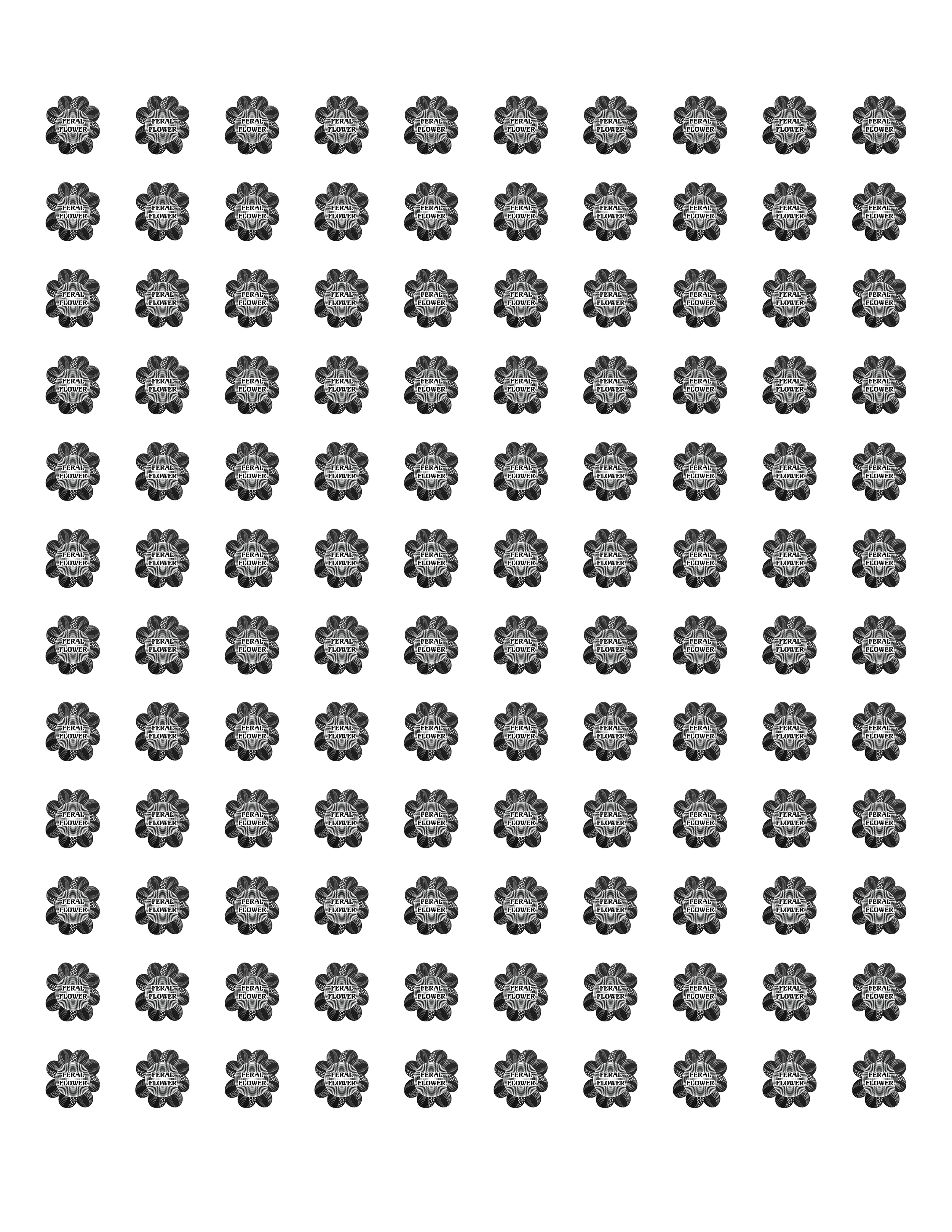 A pattern of black and white flower-shaped objects with the words 'Feral Flower' inside each flower.