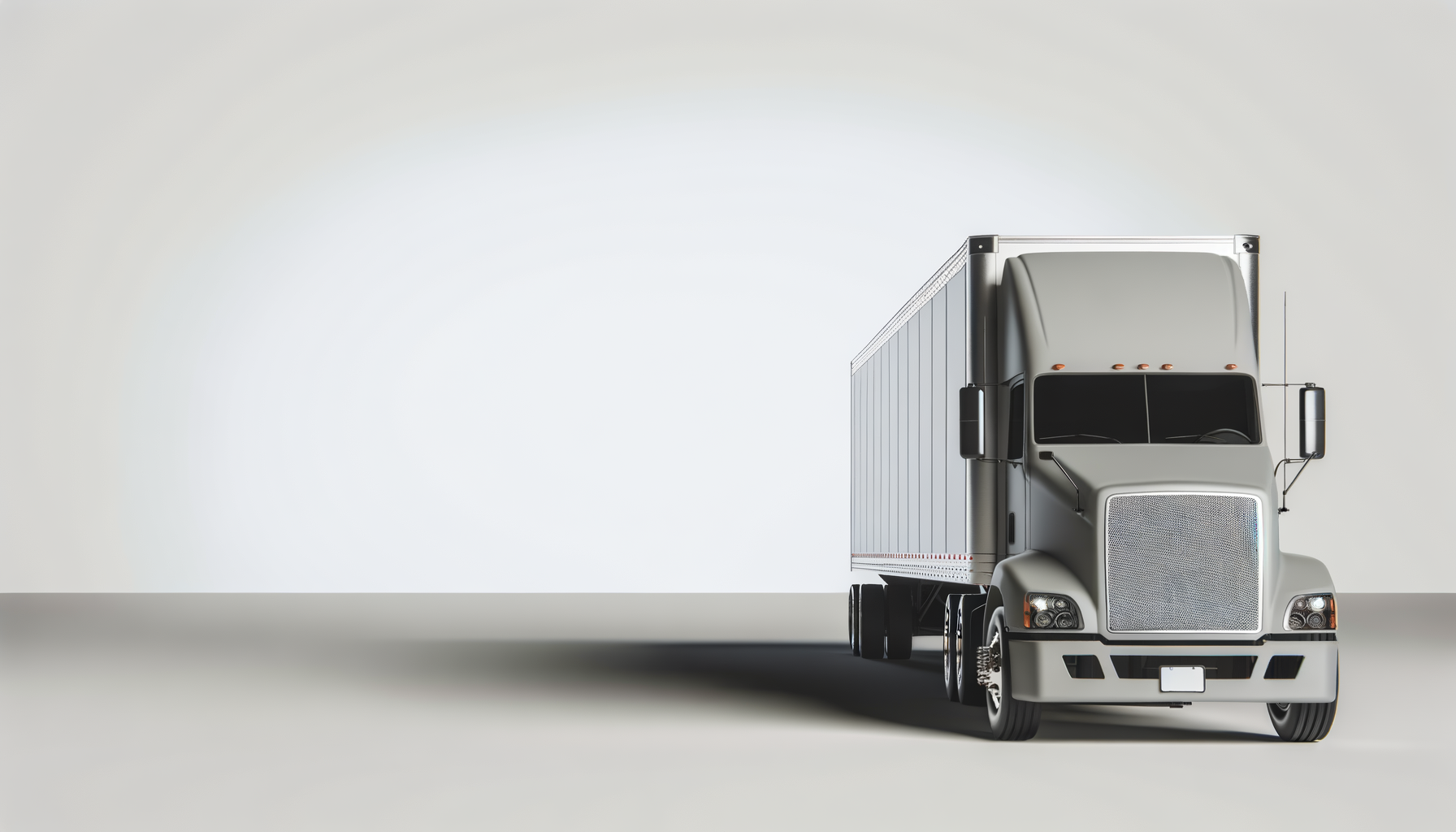 A modern gray semi-truck with a large grille on a plain light background, facing forward.