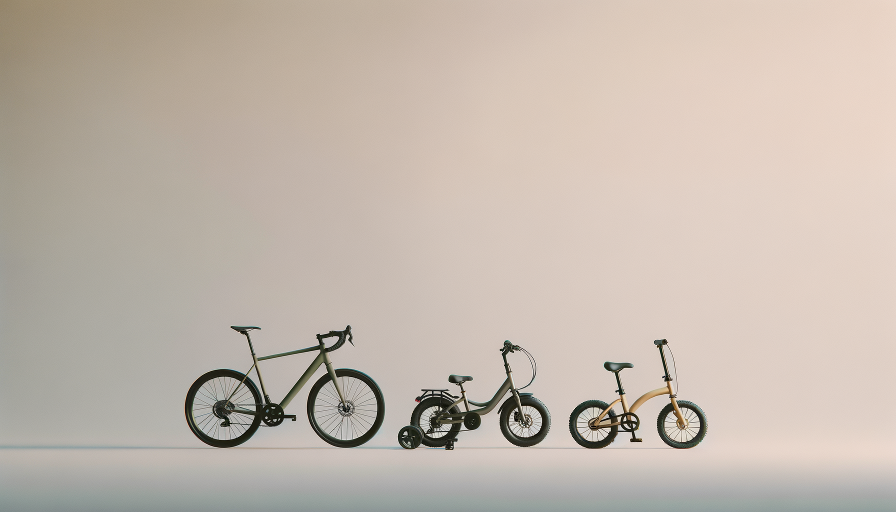 Three bicycles of different sizes and styles are lined up next to each other against a plain background.