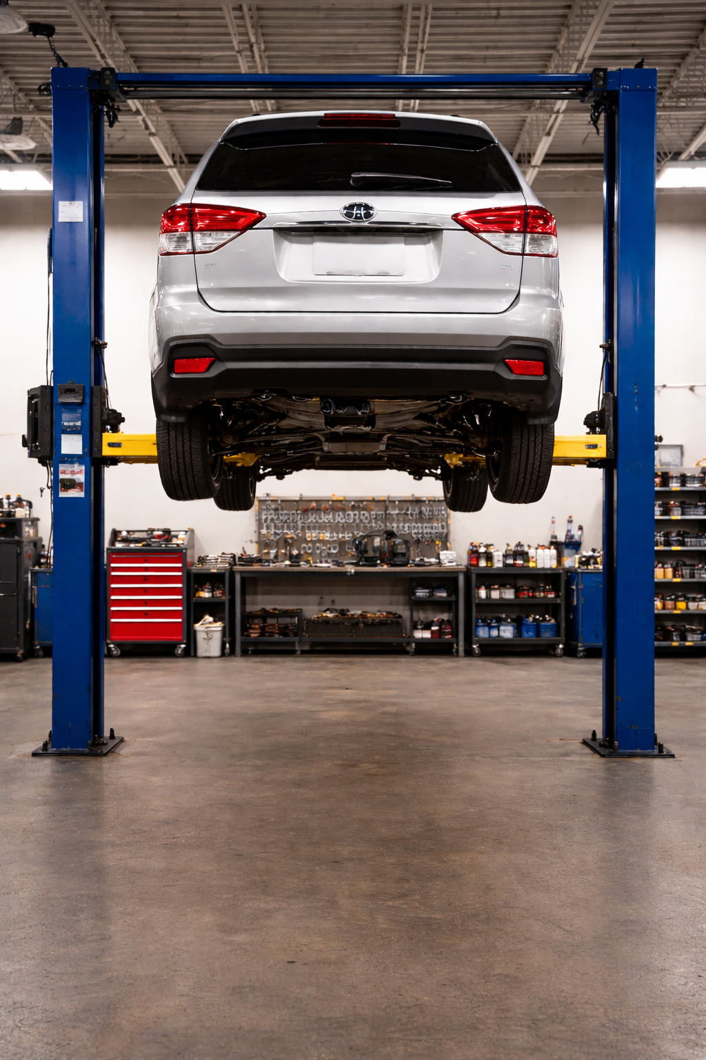 Vehicle inspection and repair on hydraulic lift at Black Bear Auto Service in Burnaby BC