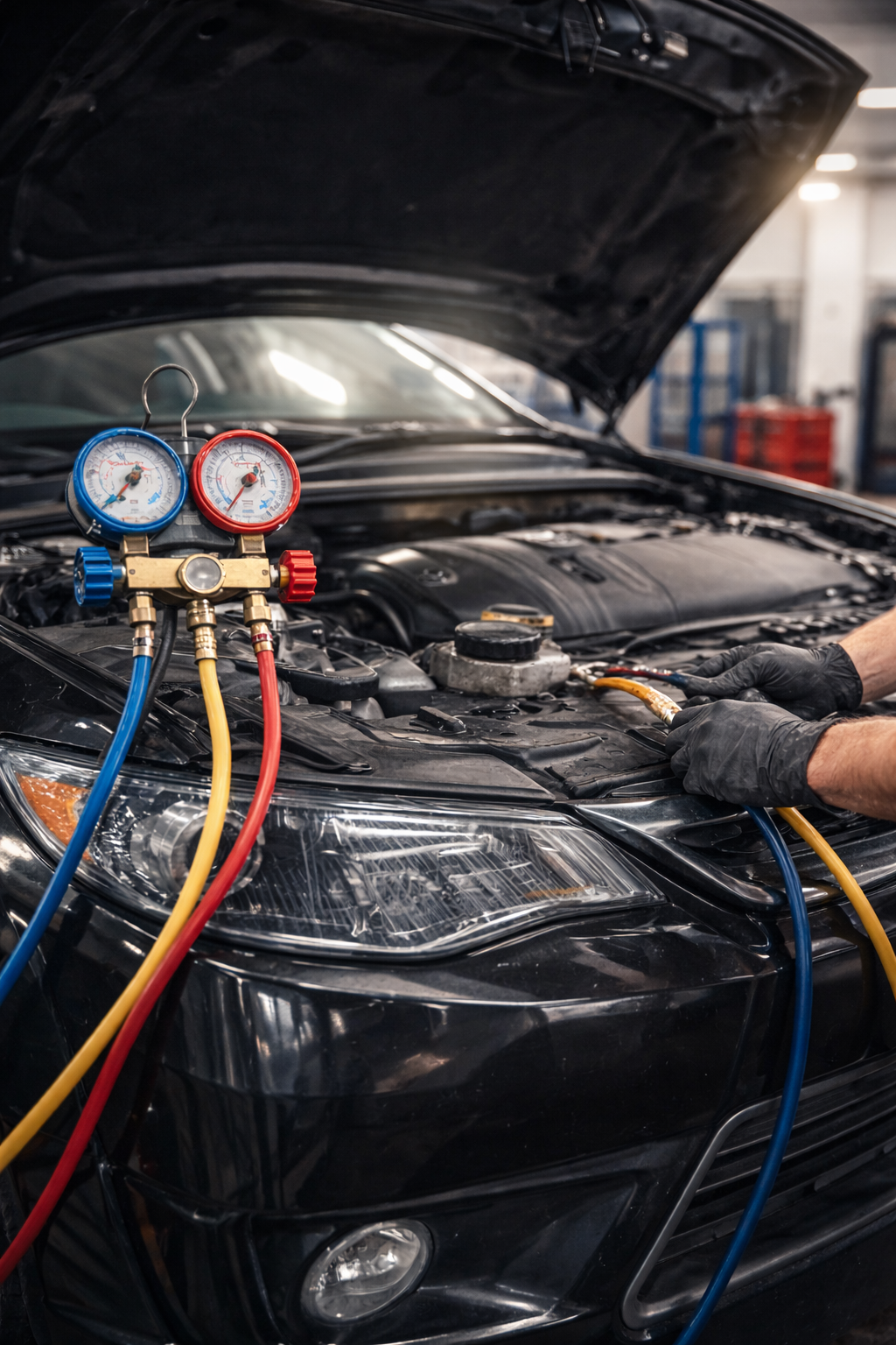 Close-up of a car with its hood open while a mechanic services the air conditioning system using manifold gauges and color-coded refrigerant hoses