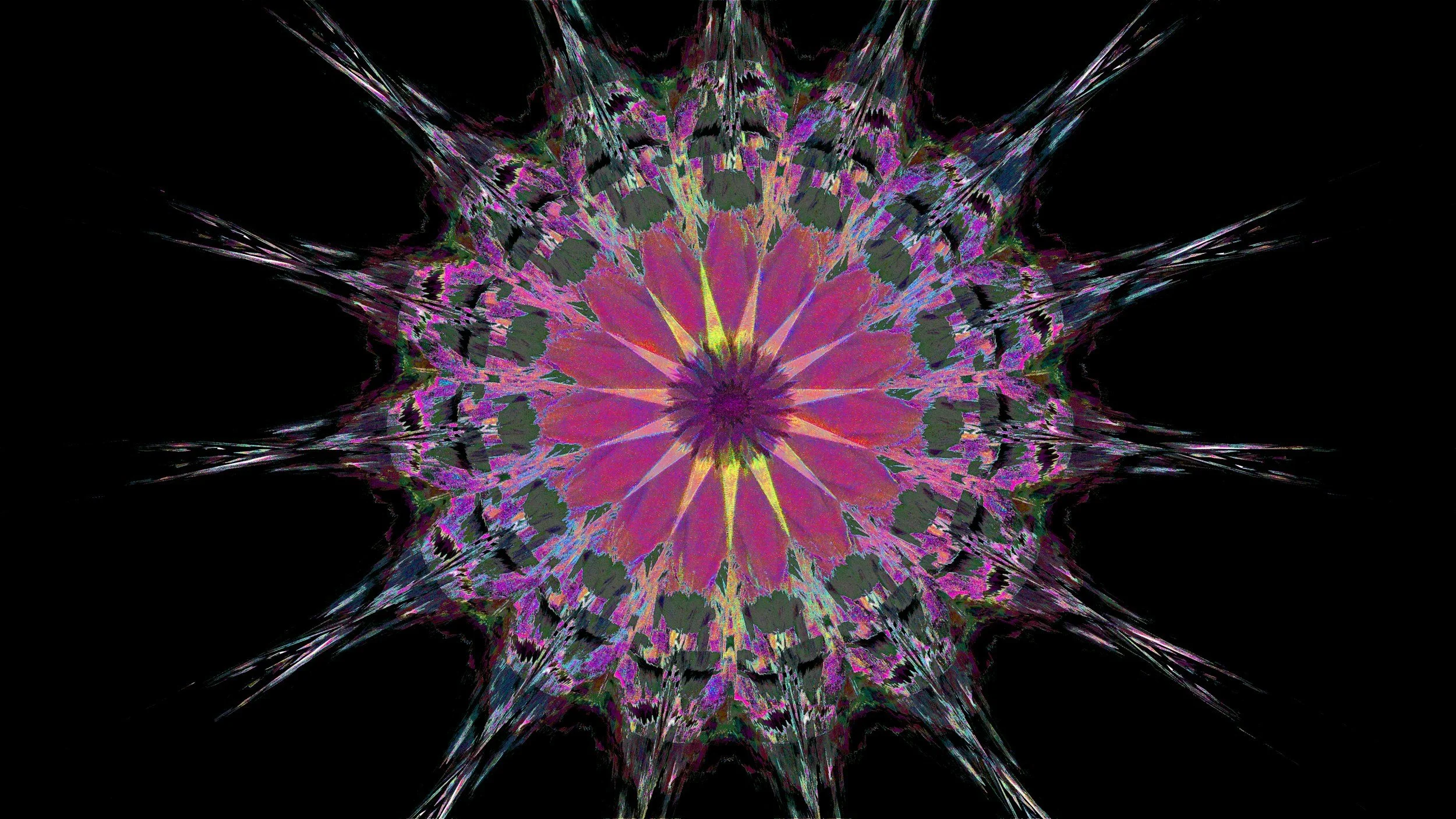 Abstract digital artwork featuring a symmetrical, neon-colored pattern resembling a flower or starburst on a black background.