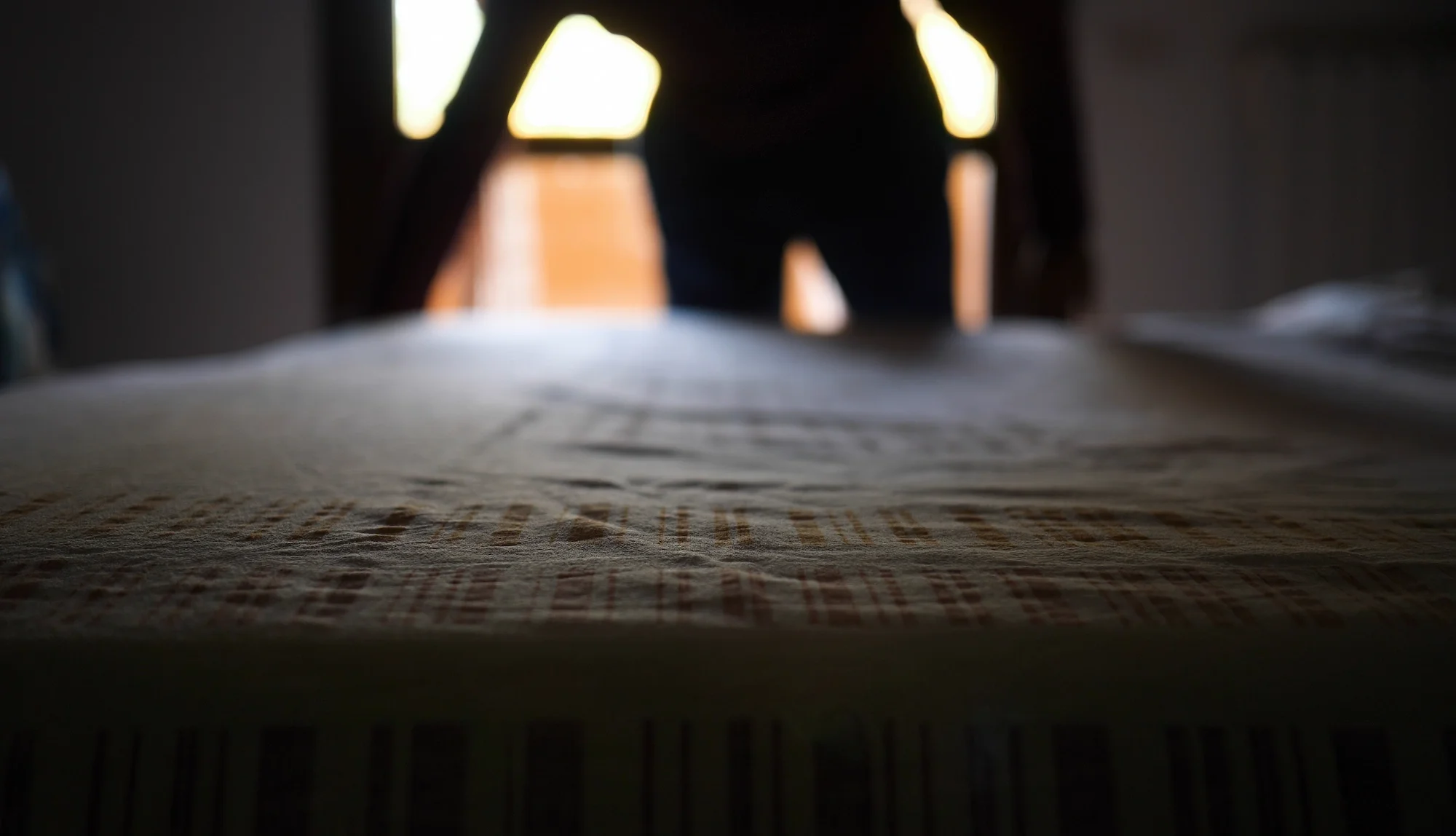 Person standing in doorway at the end of a hallway, backlit with warm light, viewed from a low angle from inside a cardboard box.