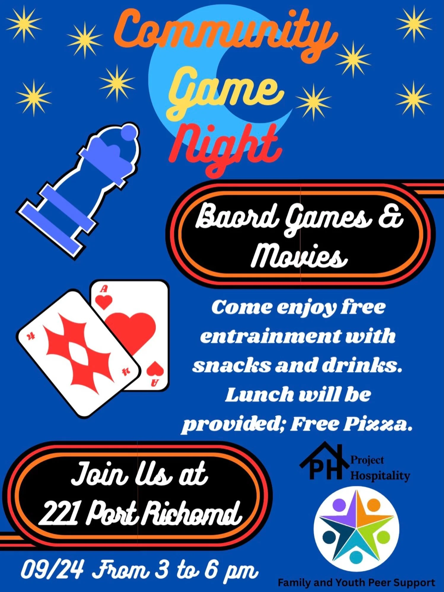 Join Project Hospitality&rsquo;s Family and Youth Peer Support team for Community Game Night! 🎲🍕

Enjoy board games, movies, free pizza, snacks and drinks while connecting with your community.

📅 September 24 🕒 3:00 to 6:00 p.m. 📍 221 Port Richm