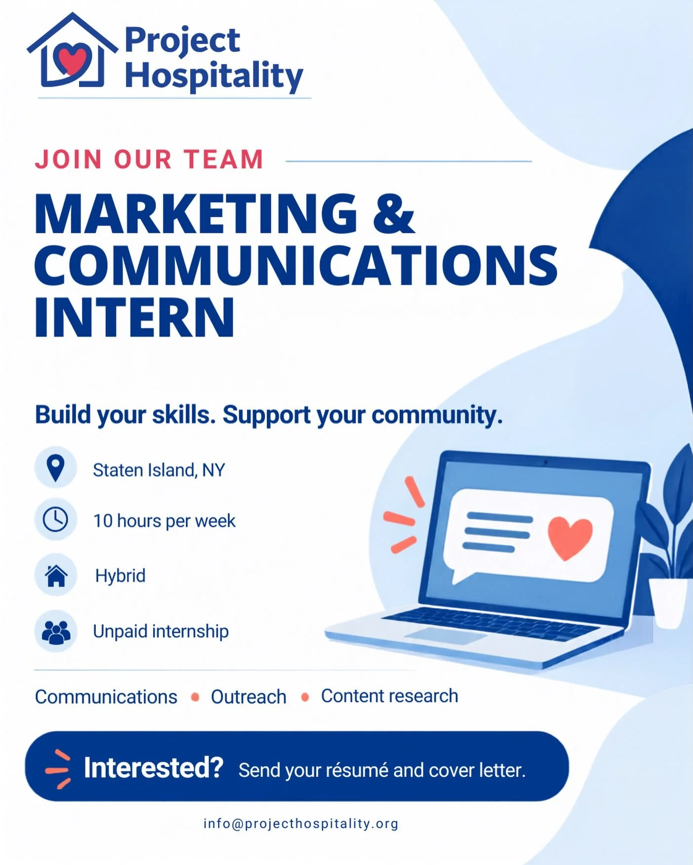 📣 Join our team! Project Hospitality is seeking a Marketing &amp; Communications Intern to support our communications, outreach and content research.

Build your skills, bring your creativity and help share the work we do in the Staten Island commun