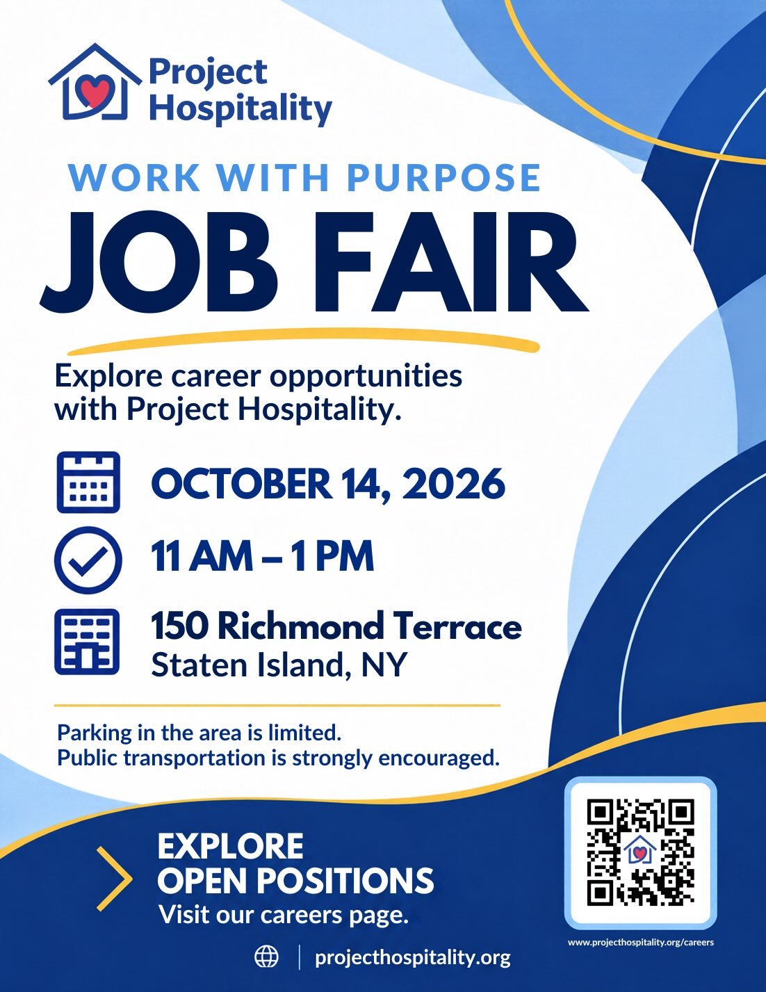 Join Project Hospitality for our upcoming Job Fair and explore opportunities to help support our Staten Island neighbors.

📅 October 14, 2026 🕚 11 AM to 1 PM 📍 150 Richmond Terrace, Staten Island, NY

Swipe to see some of our current openings and 