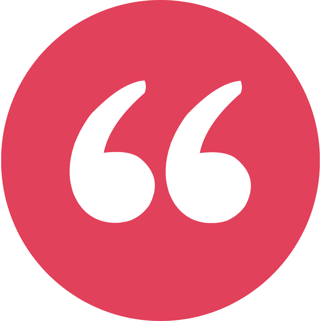 Red circle with white quotation marks inside.