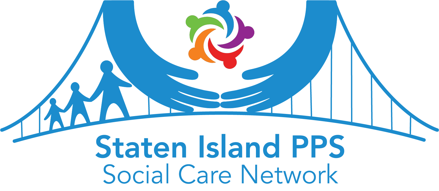 Logo for Staten Island PPS Social Care Network featuring two large blue hands holding a colorful swirl, with a stylized bridge and a family walking on it. The text below reads 'Staten Island PPS Social Care Network'.