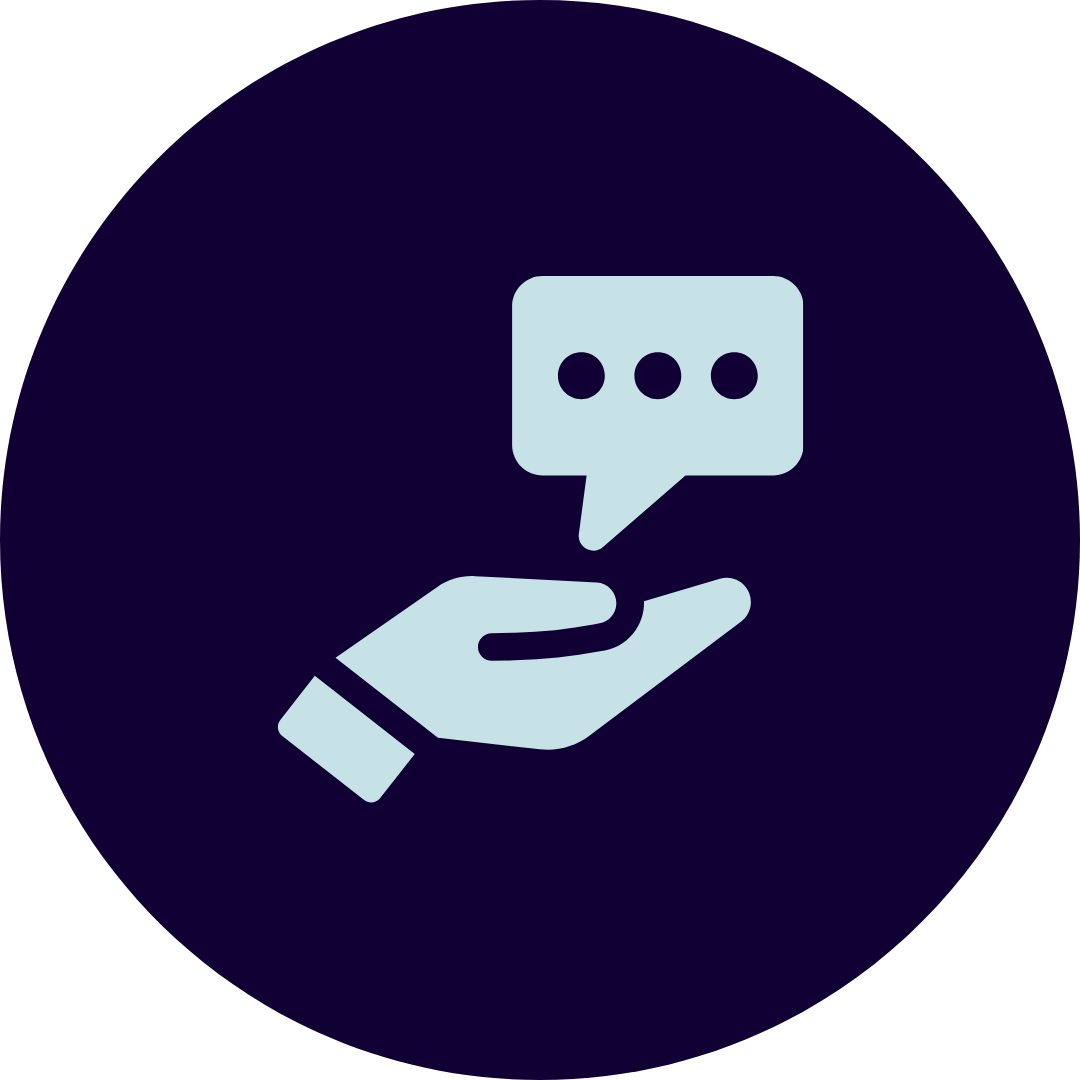 Icon of a hand holding a chat bubble with three dots, representing messaging or communication.