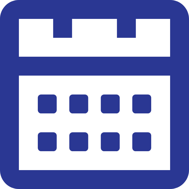 Icon of a calendar with a blue background and black and white details.