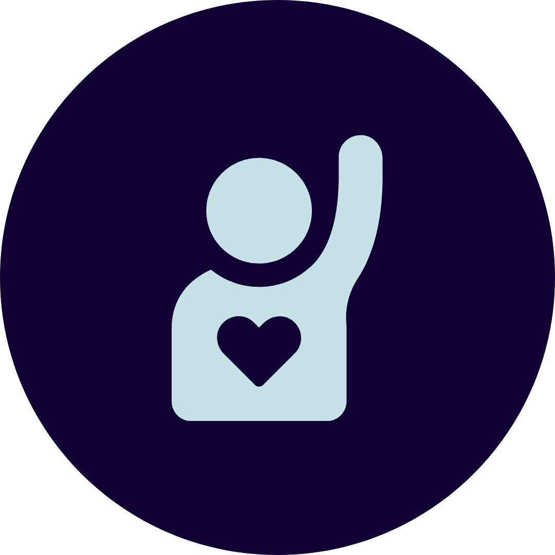 A person with one arm raised, with a heart symbol on their chest, in a minimalist icon style with a dark circular background.