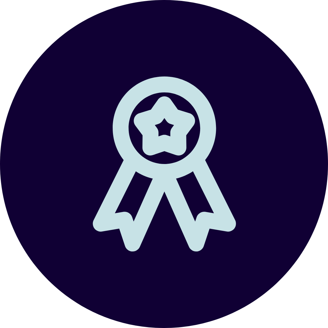 Icon of a ribbon award with a star in the center on a dark circular background.