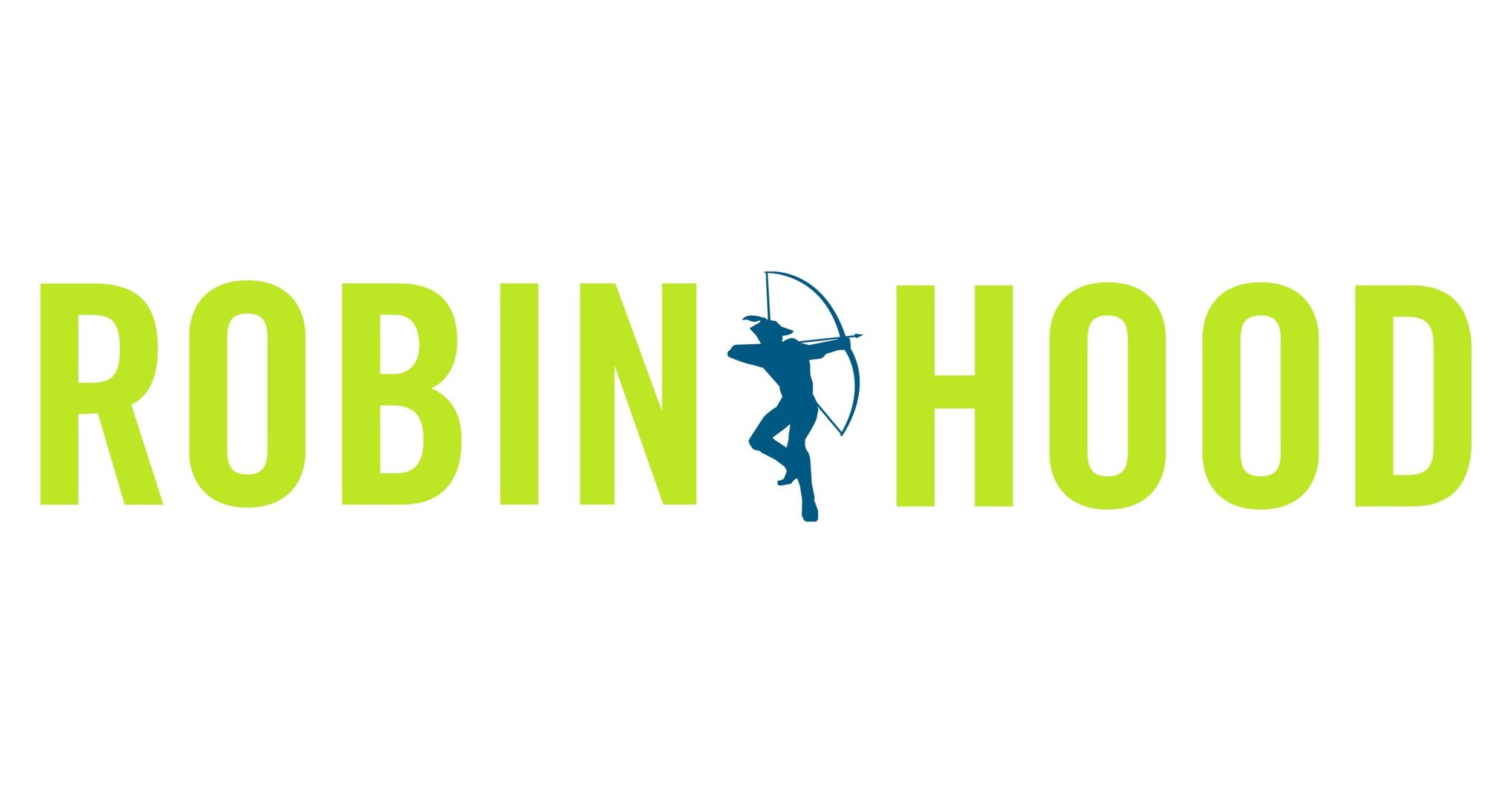 Logo for Robin Hood with the company name in large green letters and a blue silhouette of a person shooting an arrow in the middle.