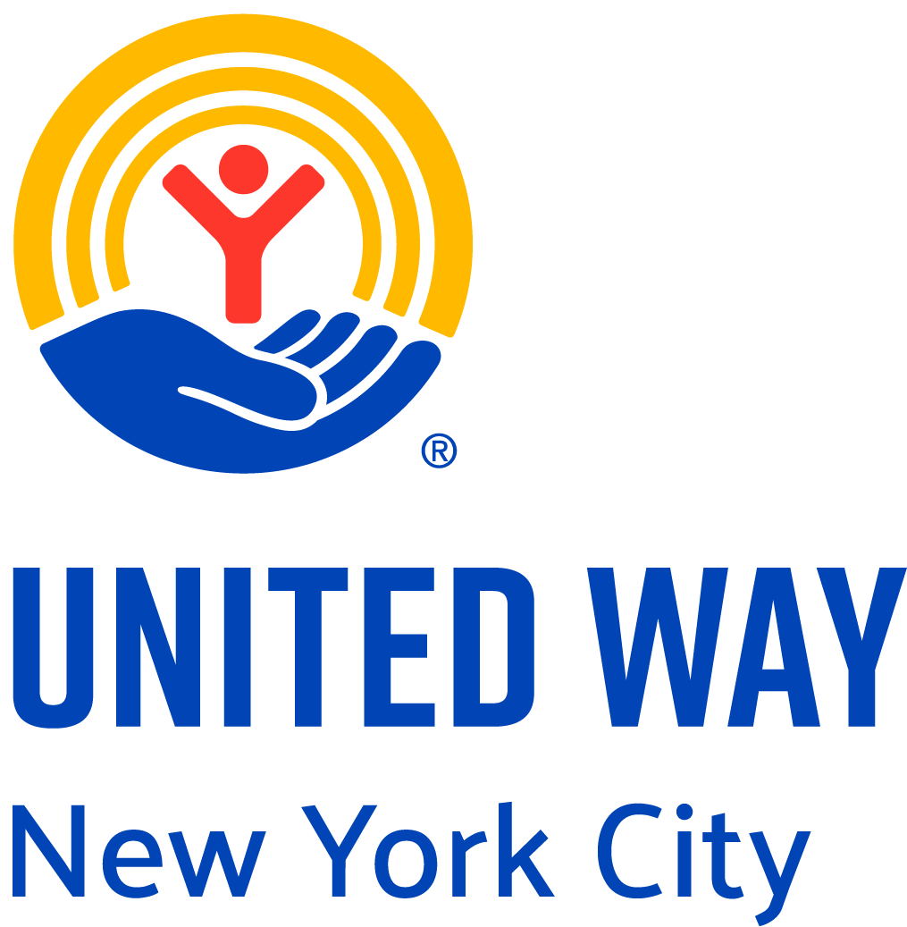 United Way logo featuring a red human figure with arms raised, a blue hand underneath, and a yellow rainbow-like arc above, with the text "United Way New York City" below.