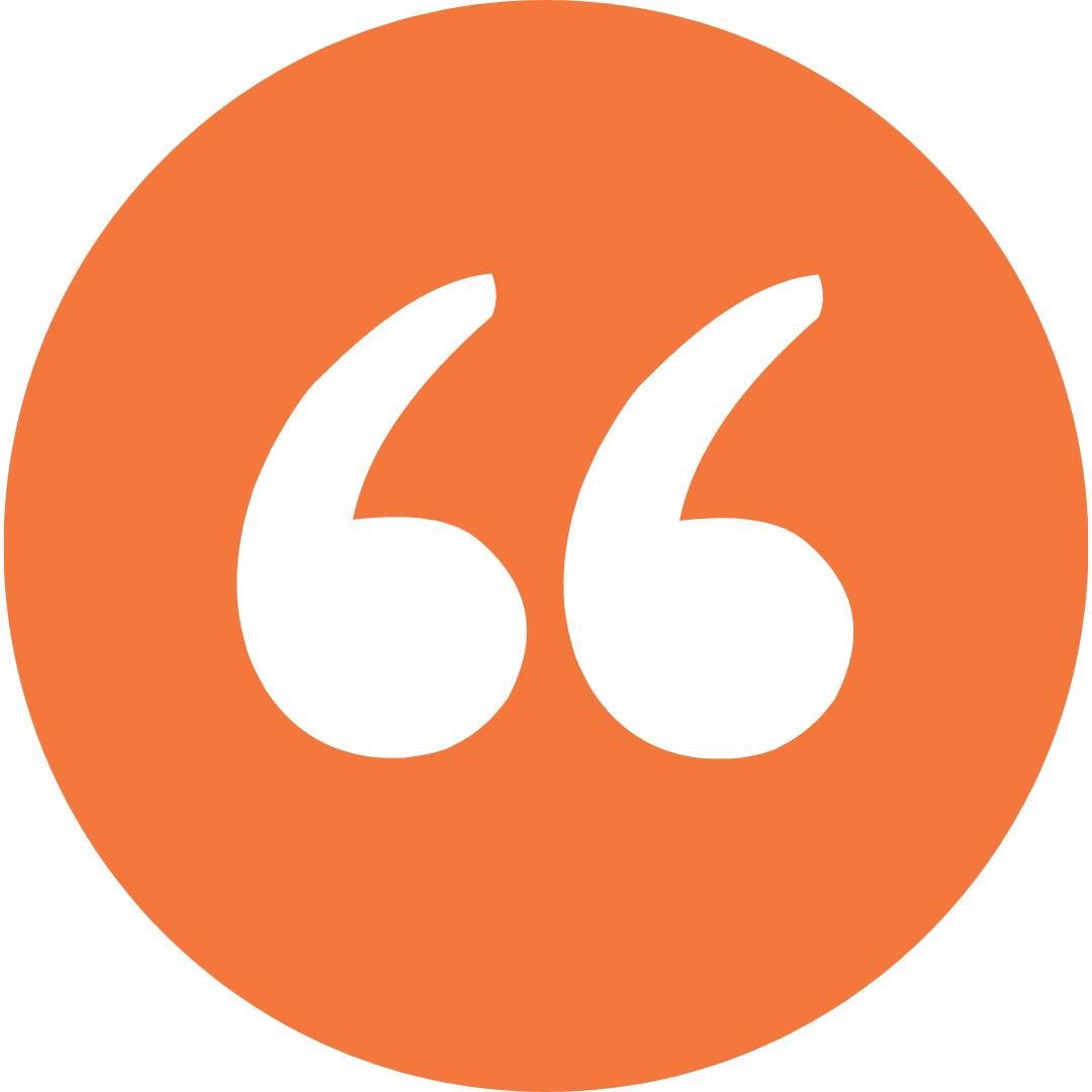 Orange circle with white quotation marks in the center.