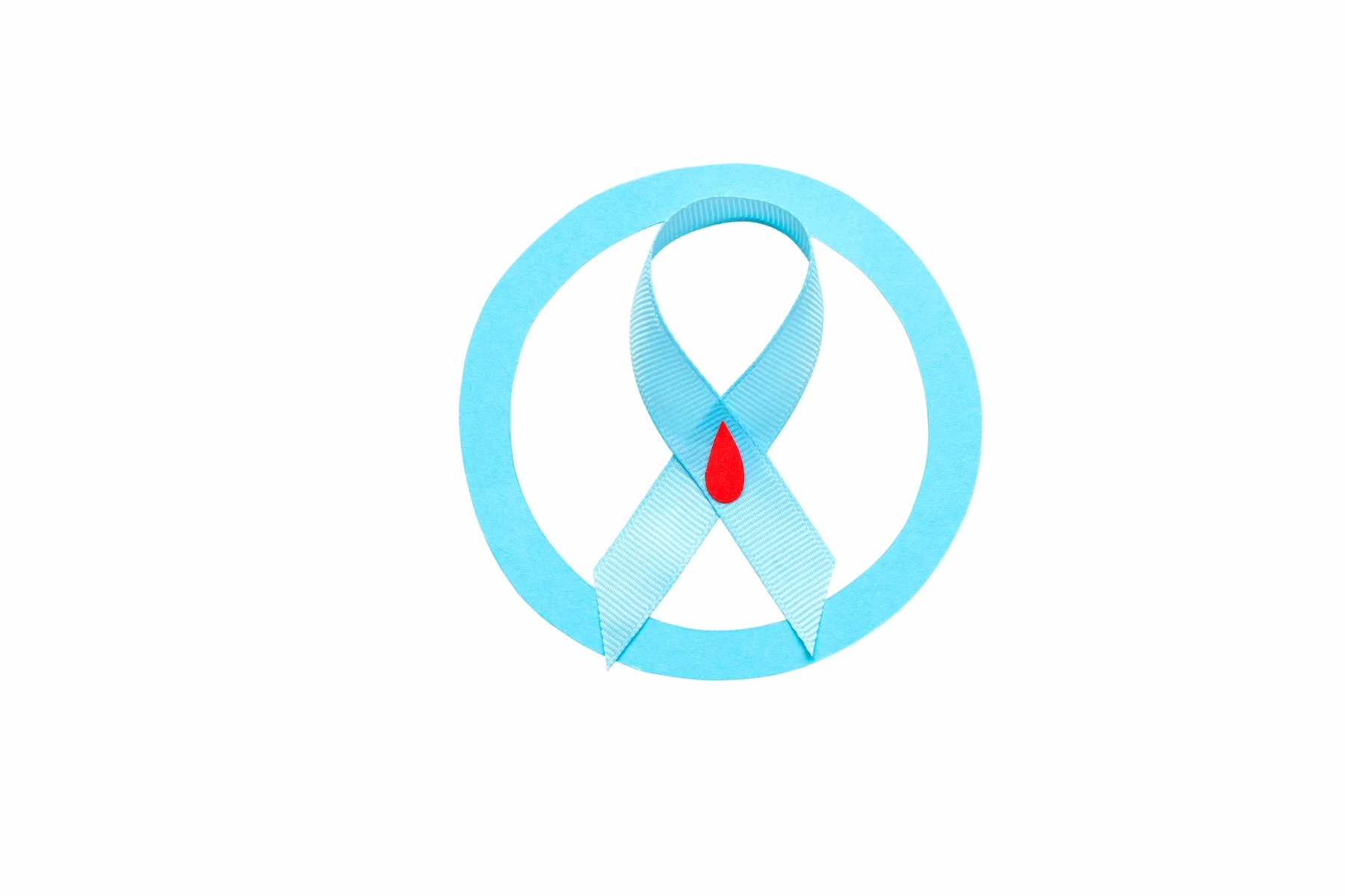 Light blue awareness ribbon with a red drop of blood at the center, surrounded by a light blue circular outline.