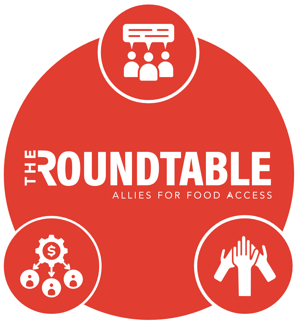 A red circular logo for 'The Roundtable Allies for Food Access' featuring three smaller circles with icons of people talking, a gear with a dollar sign and people connected below it, and hands stacked together.