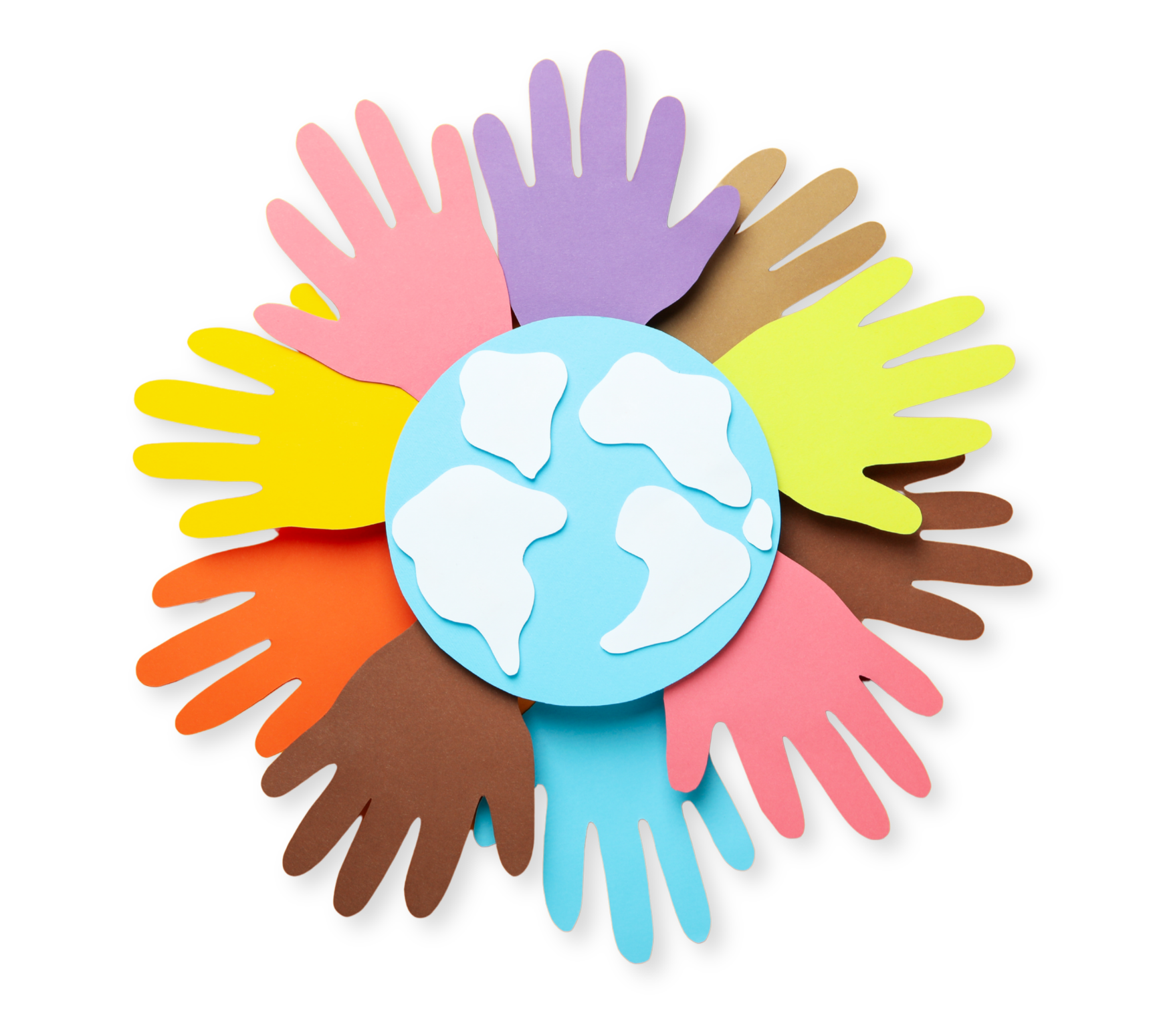 Colorful paper cutouts of hands arranged in a circle around a globe, symbolizing unity and diversity.