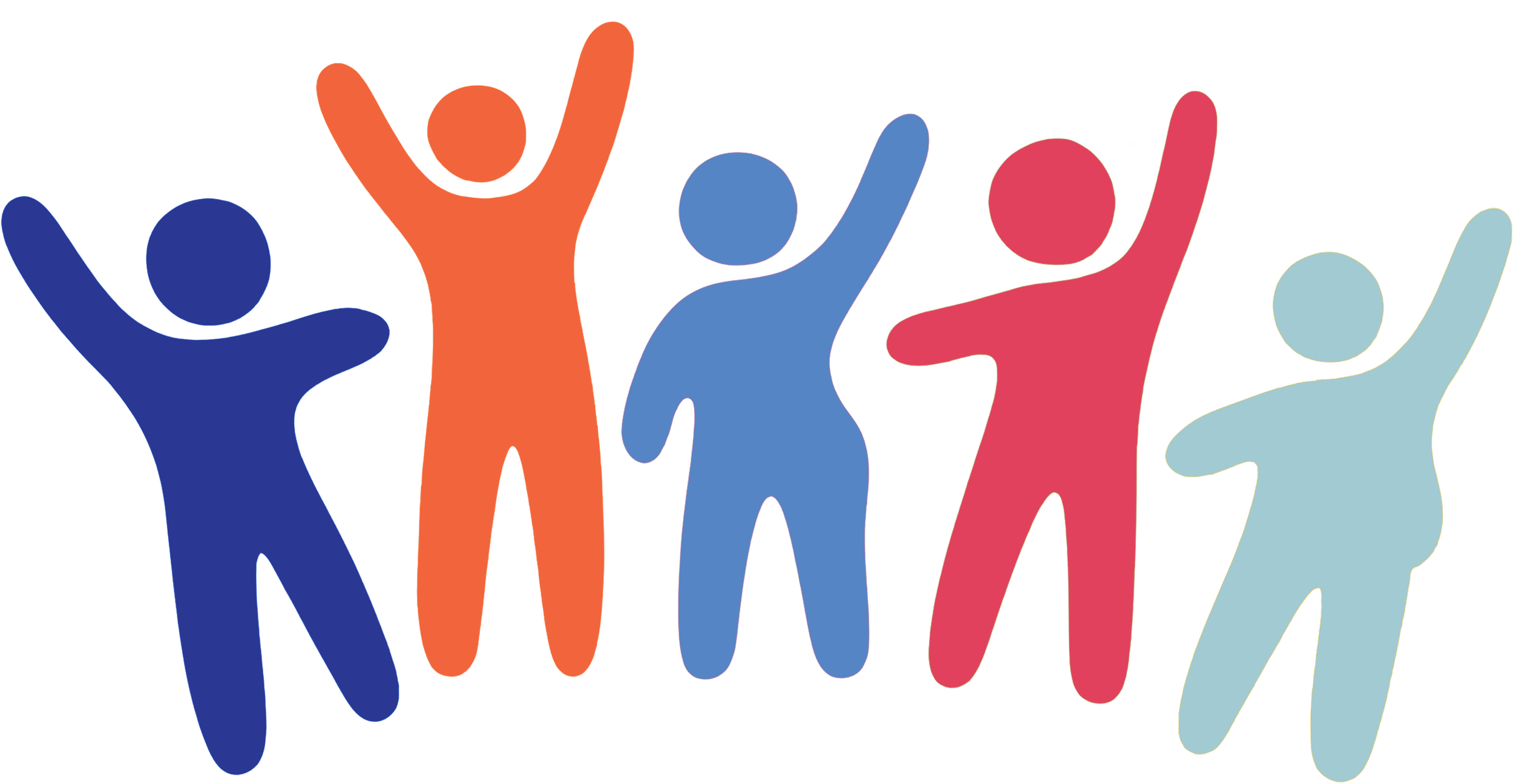 Colorful abstract figure shapes with arms raised, in blue, orange, pink, and light gray, on a black background.