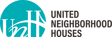 Logo for United Neighborhood Houses featuring a teal circle with white interconnected lines and the organization's name in black text