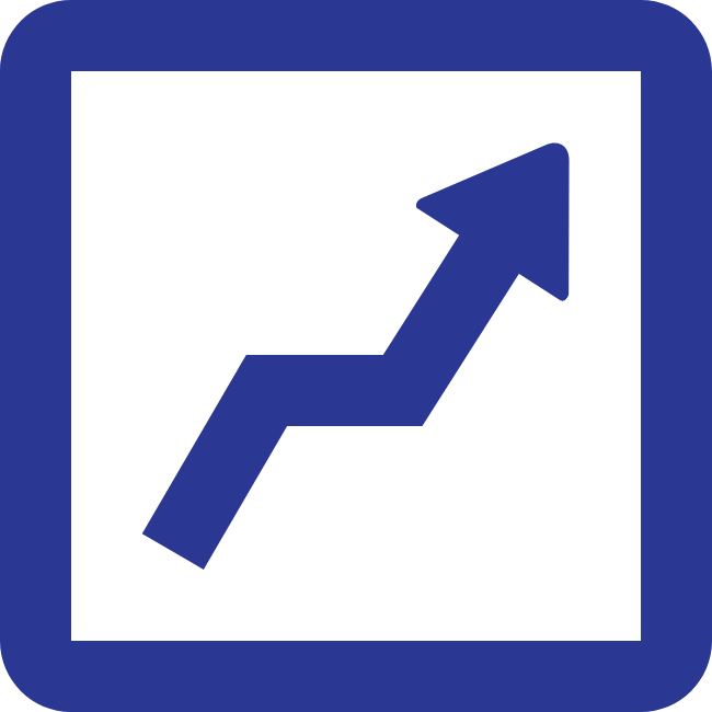 An icon of a computer screen with a blue border displaying a rising arrow inside the screen, representing growth or increasing metrics.