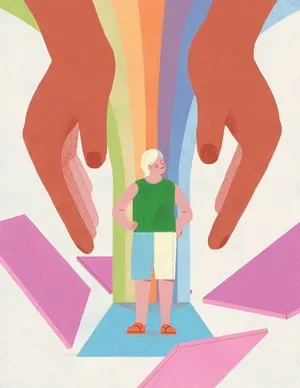 A person standing on a colorful path with large hands above and around them, reaching down as if to guide or protect.