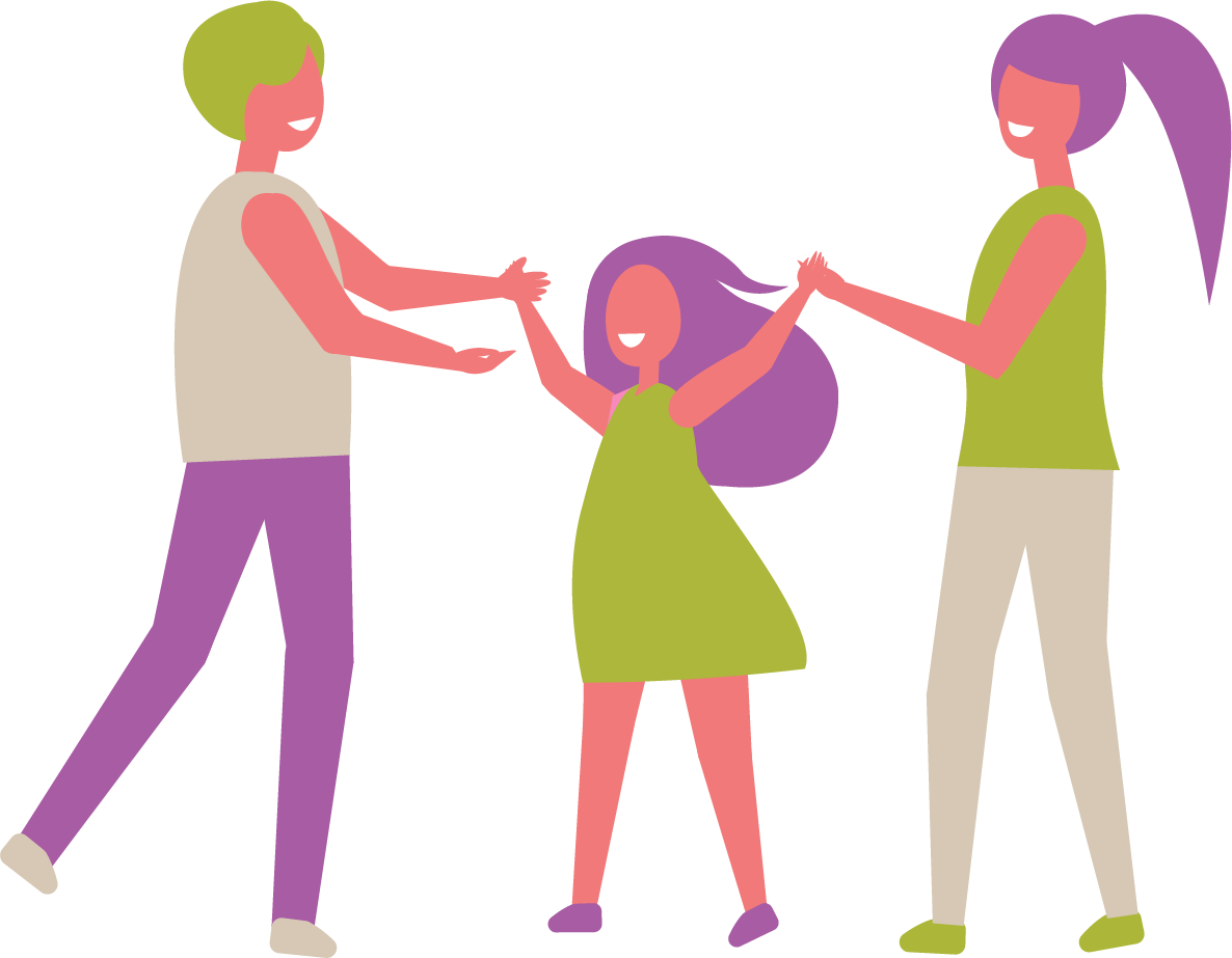 Three cartoon women with colorful hair are holding hands and spinning around, smiling and enjoying each other's company.