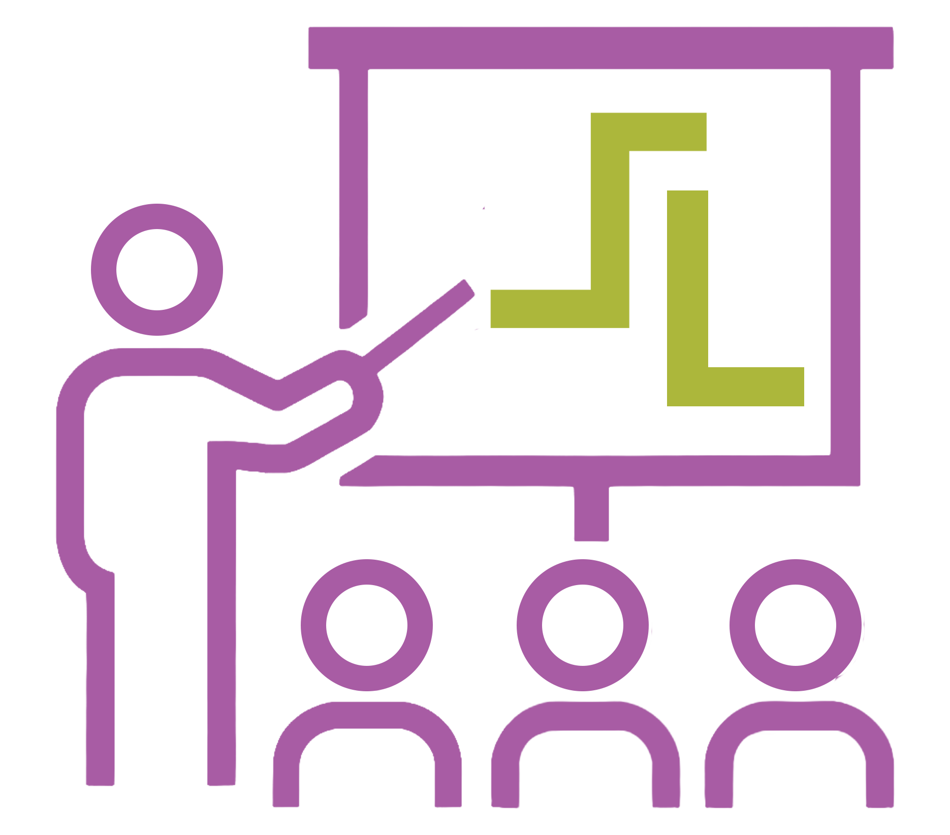 Abstract geometric shapes in purple with green accents, forming a stylized design.