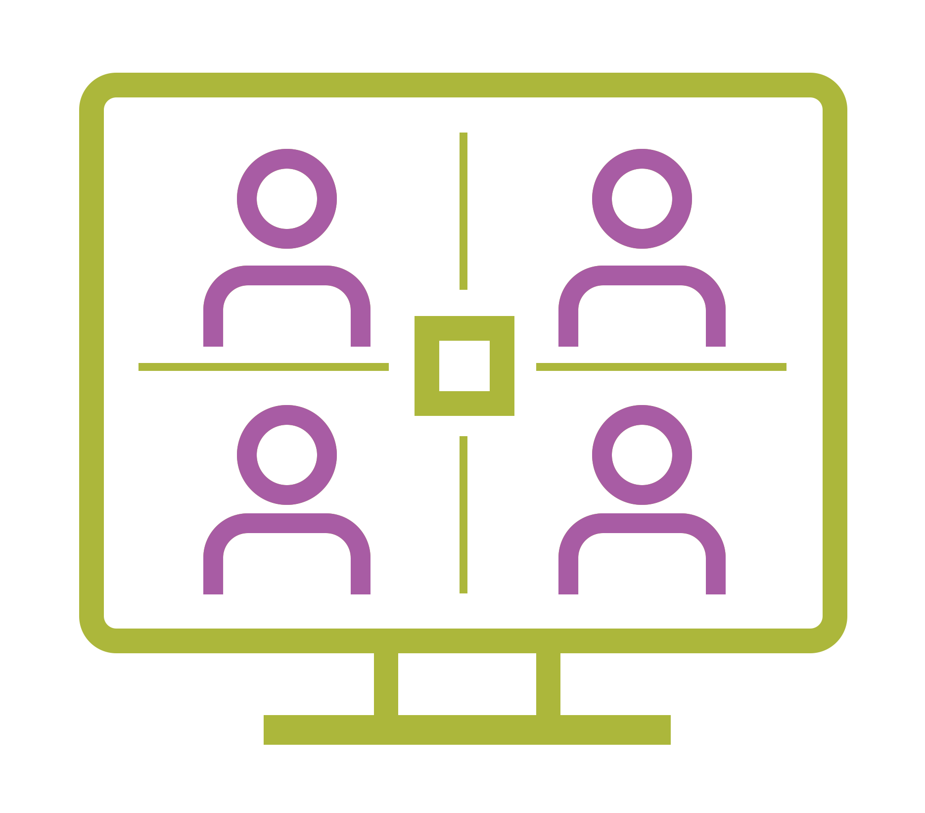 Icon of a group video call with six purple user figures in a green video call window.