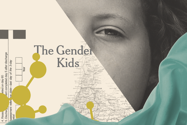 A collage with a half-face portrait of a girl, a map, and the text "The Gender Kids" with some graphical elements.