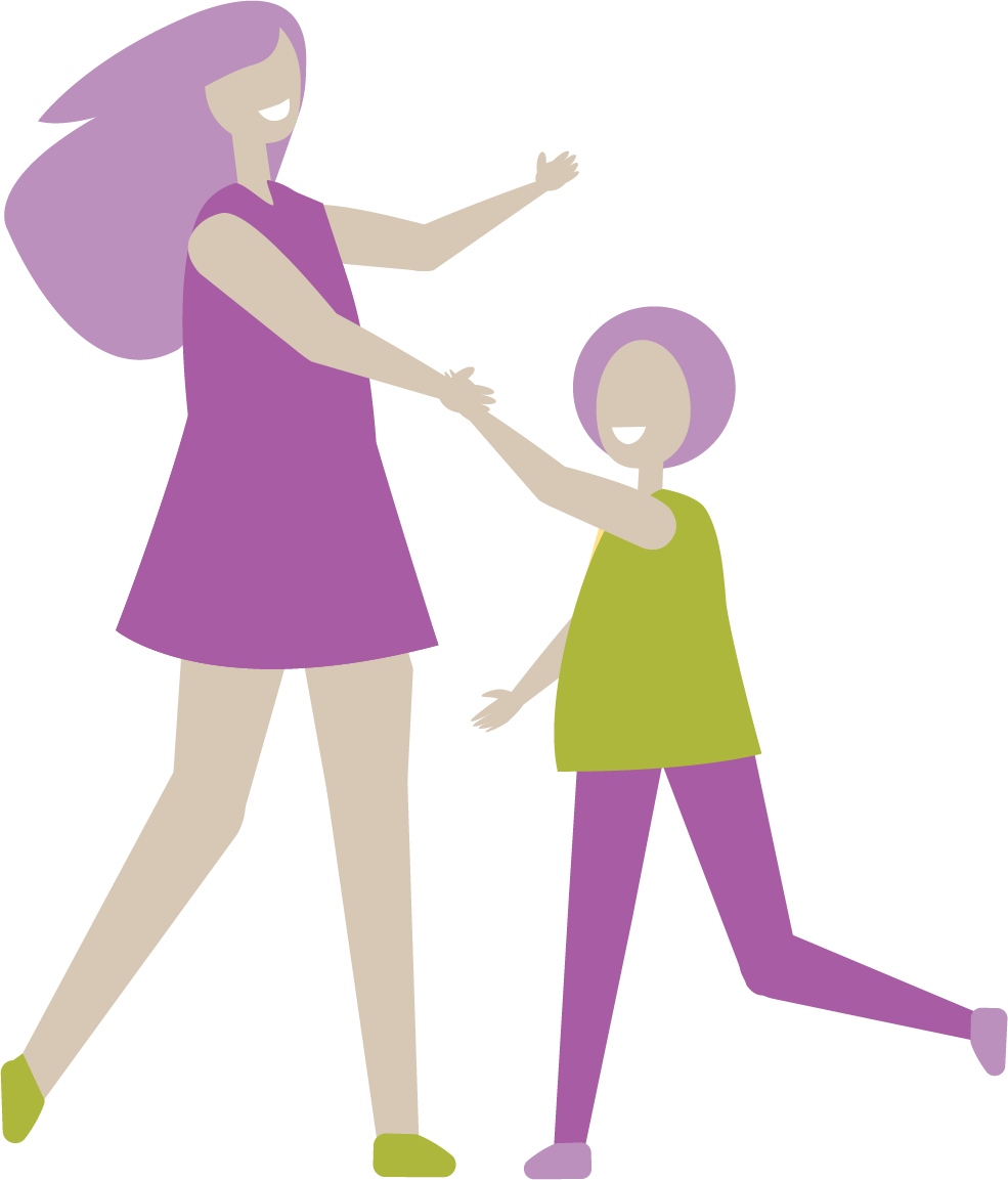 Two animated women, one taller and wearing a purple dress with long purple hair, and one shorter wearing a green top with purple pants and purple hair, are holding hands and appear to be dancing or playing together.