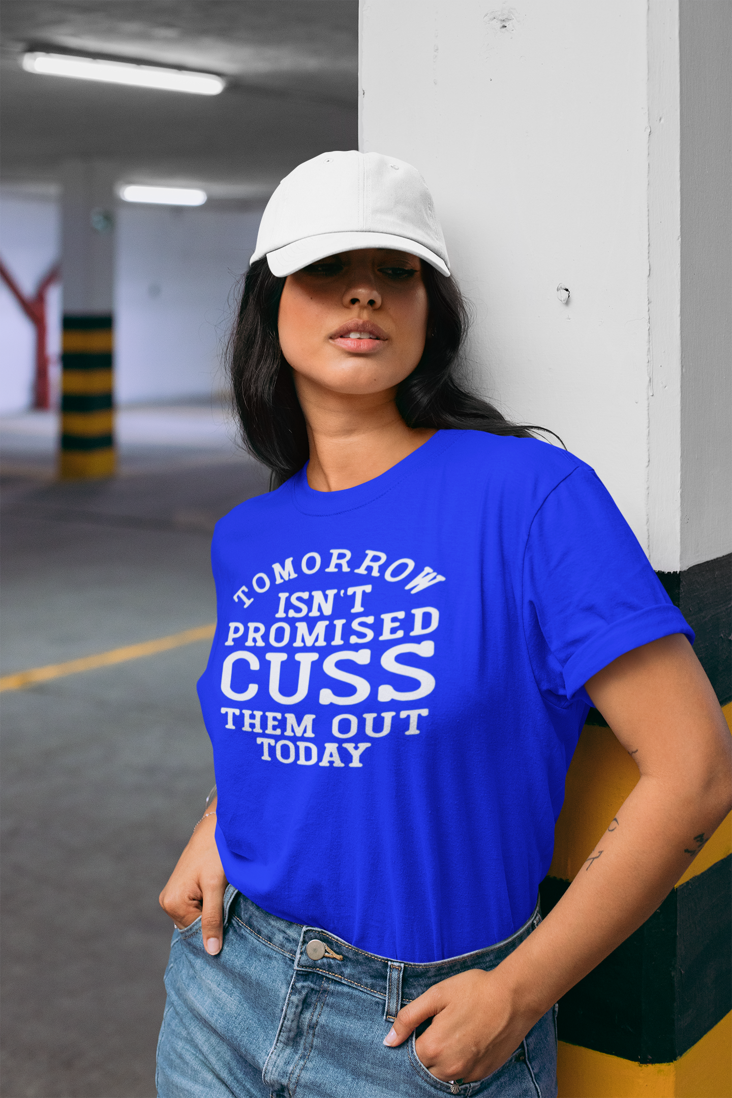 dad-hat-mockup-of-a-woman-wearing-a-t-shirt-in-the-parking-lot-28612.png