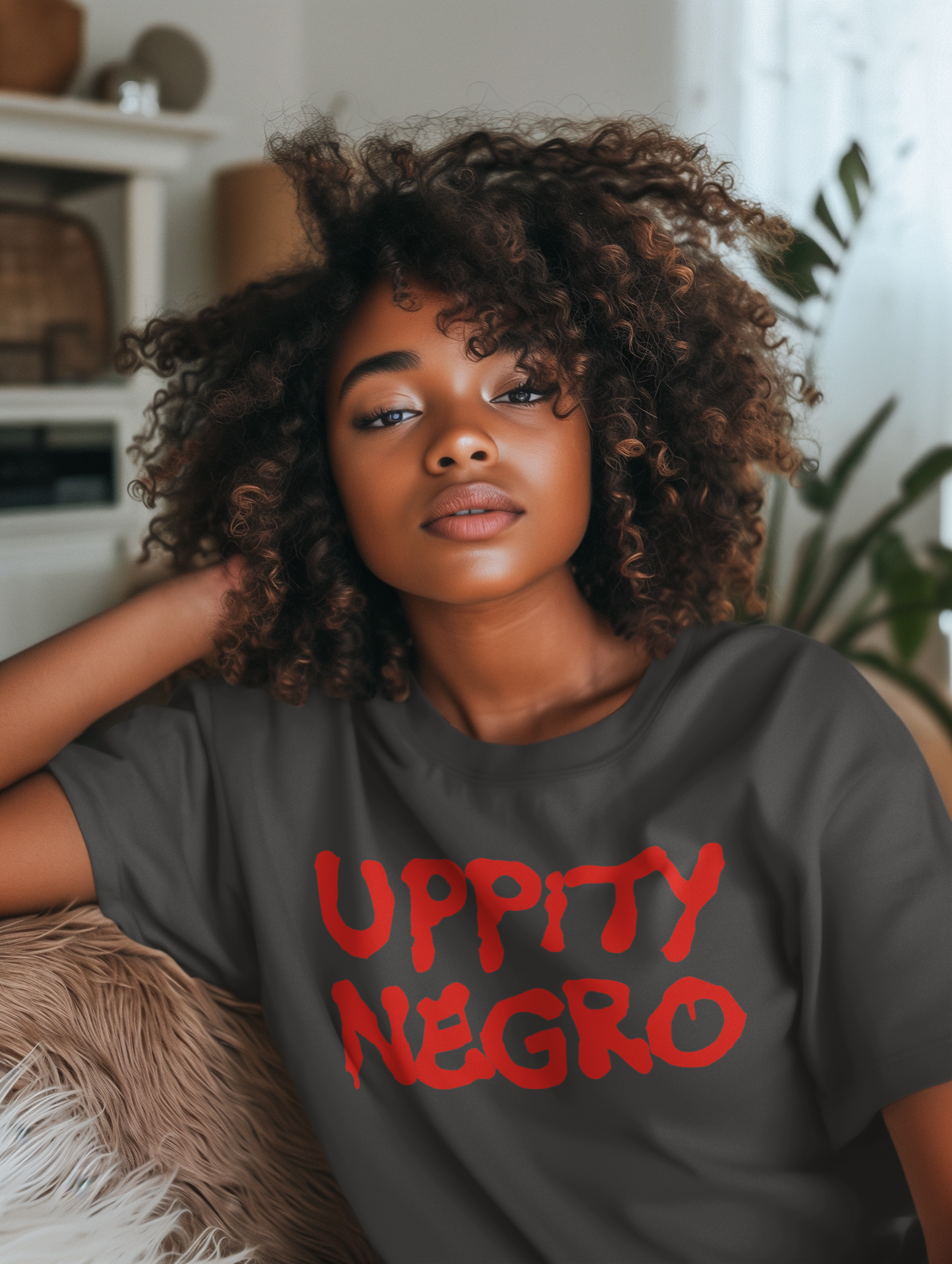 round-neck-t-shirt-mockup-featuring-an-ai-created-afro-hairstyled-woman-resting-on-a-couch-m51558.png
