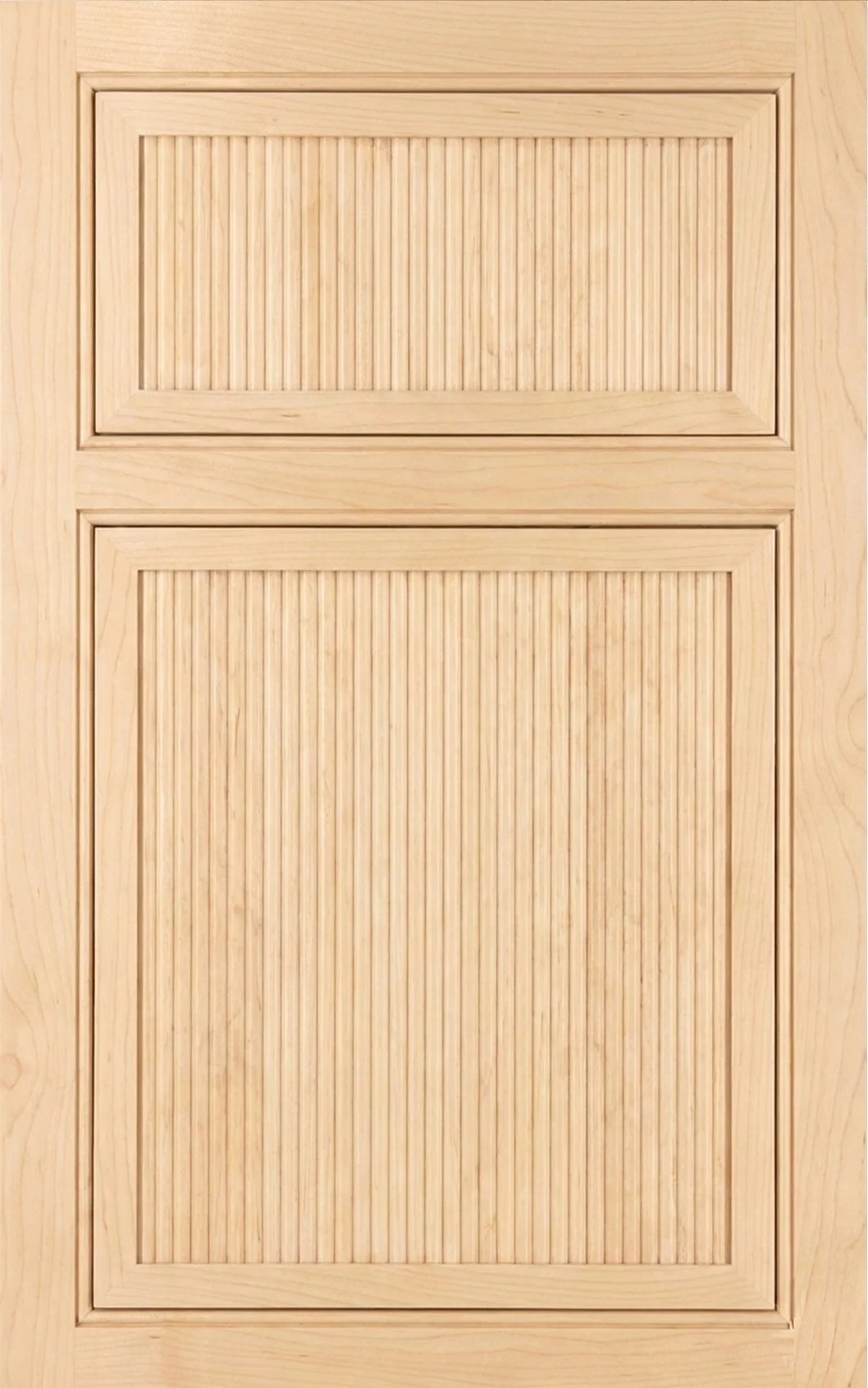Close-up of a light-colored wooden cabinet door with a slatted design.