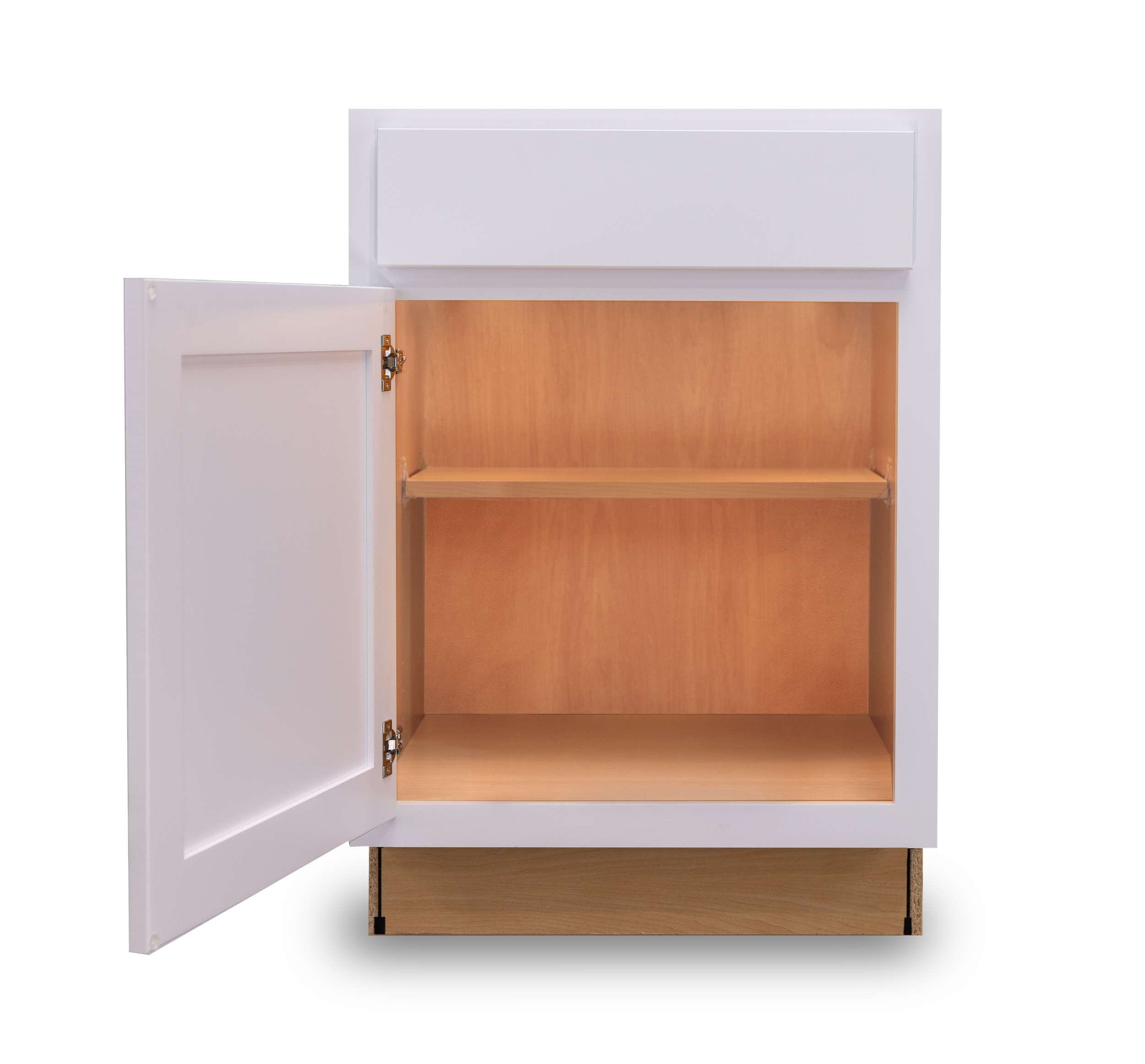 Empty white cabinet with a single door, open to reveal a wood interior with one shelf.