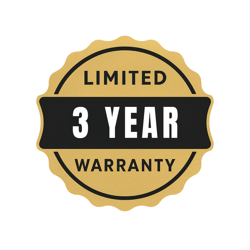 Gold and black badge that reads "Limited 3 Year Warranty"
