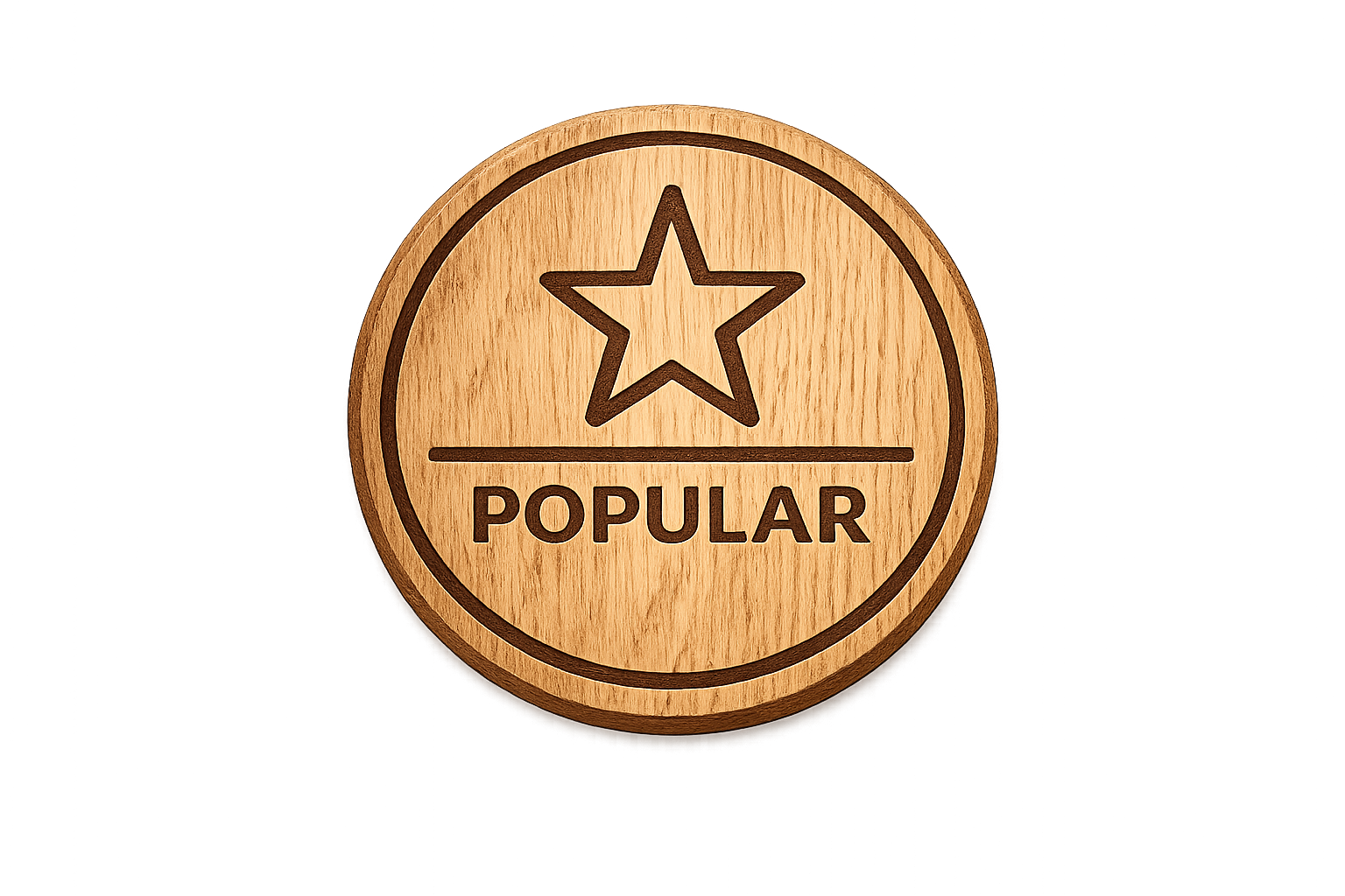 Wooden badge with a star and the word "Popular" engraved on it.