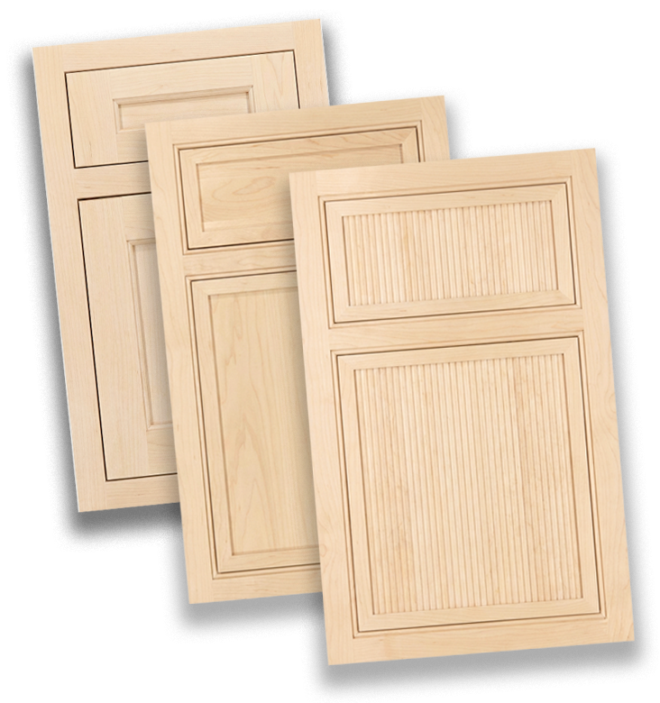 Three wooden cabinet doors with different panel designs, stacked one in front of the other.