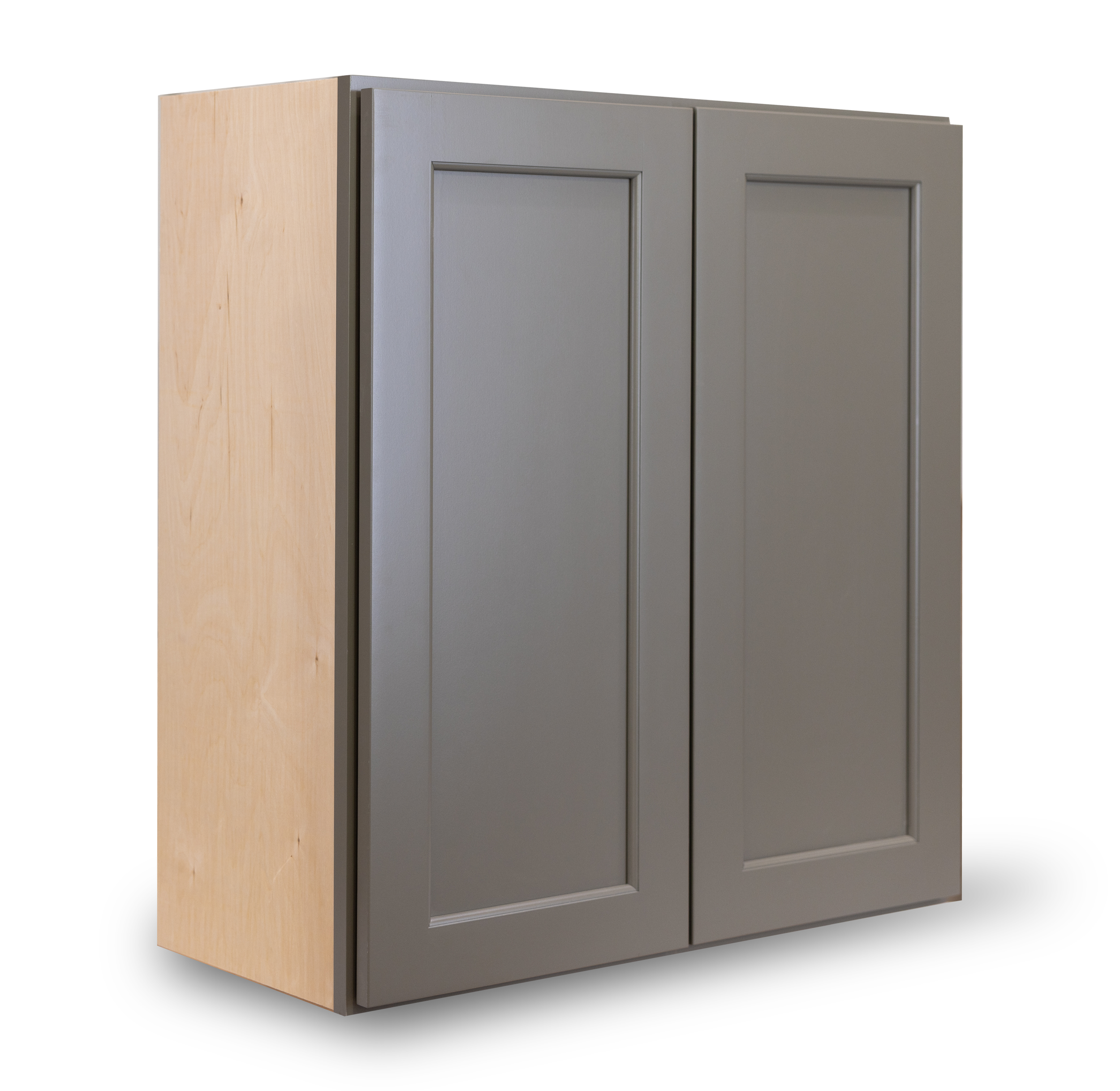 Gray kitchen cabinet with two doors, framed panels, and a wood side panel