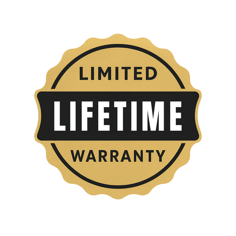 Gold-colored badge with black and white text reading 'Limited Lifetime Warranty'.